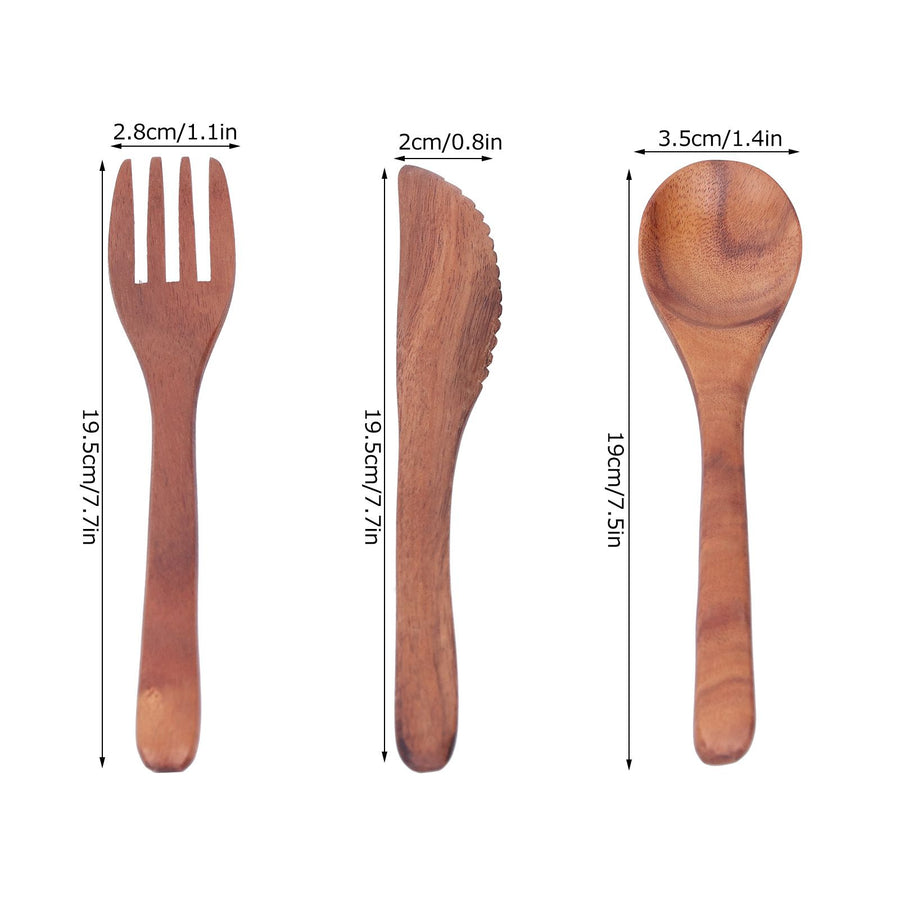 3PCS Wooden Tableware Sets Portable Fork Knife Spoon Cutlery Kitchen Dinnerware Accessories