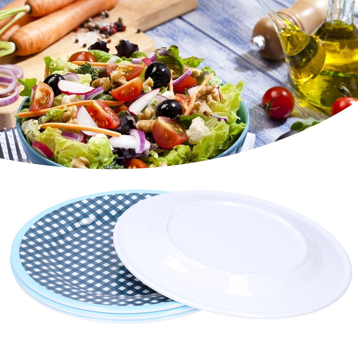 4PCS 9in Salad Plate Fruit Plate Dessert Cake Dishes Pastry Tray Tableware DecorationDark Blue Grid