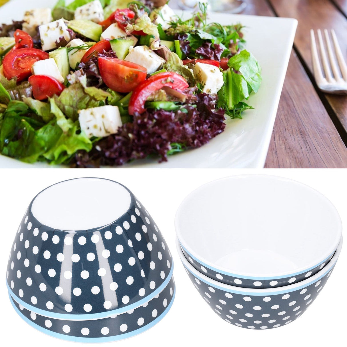 4PCS 6in Salad Bowl Dinner Serving Bowl Sets Kitchen Imitation Porcelain DinnerwareDark Blue Dots