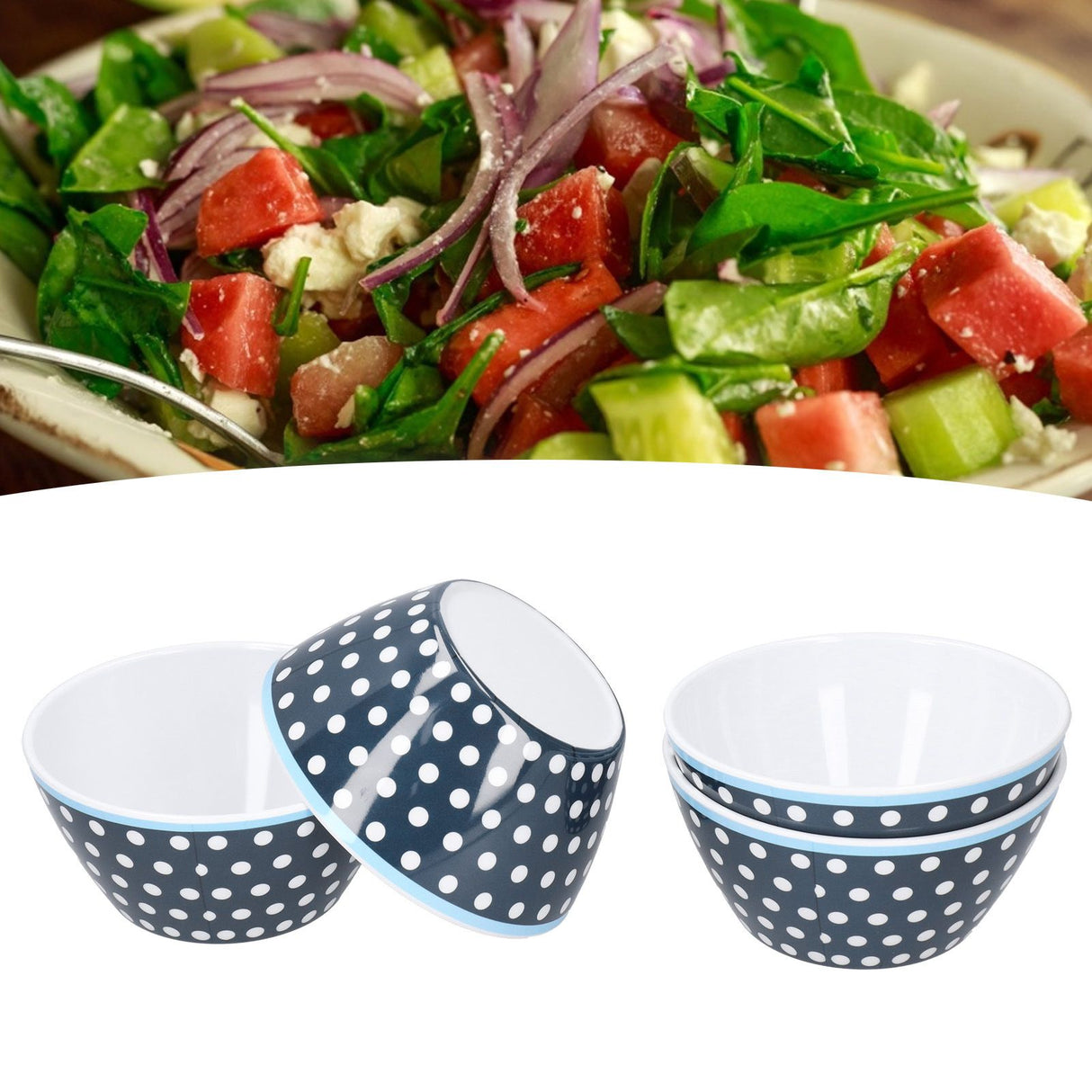 4PCS 6in Salad Bowl Dinner Serving Bowl Sets Kitchen Imitation Porcelain DinnerwareDark Blue Dots