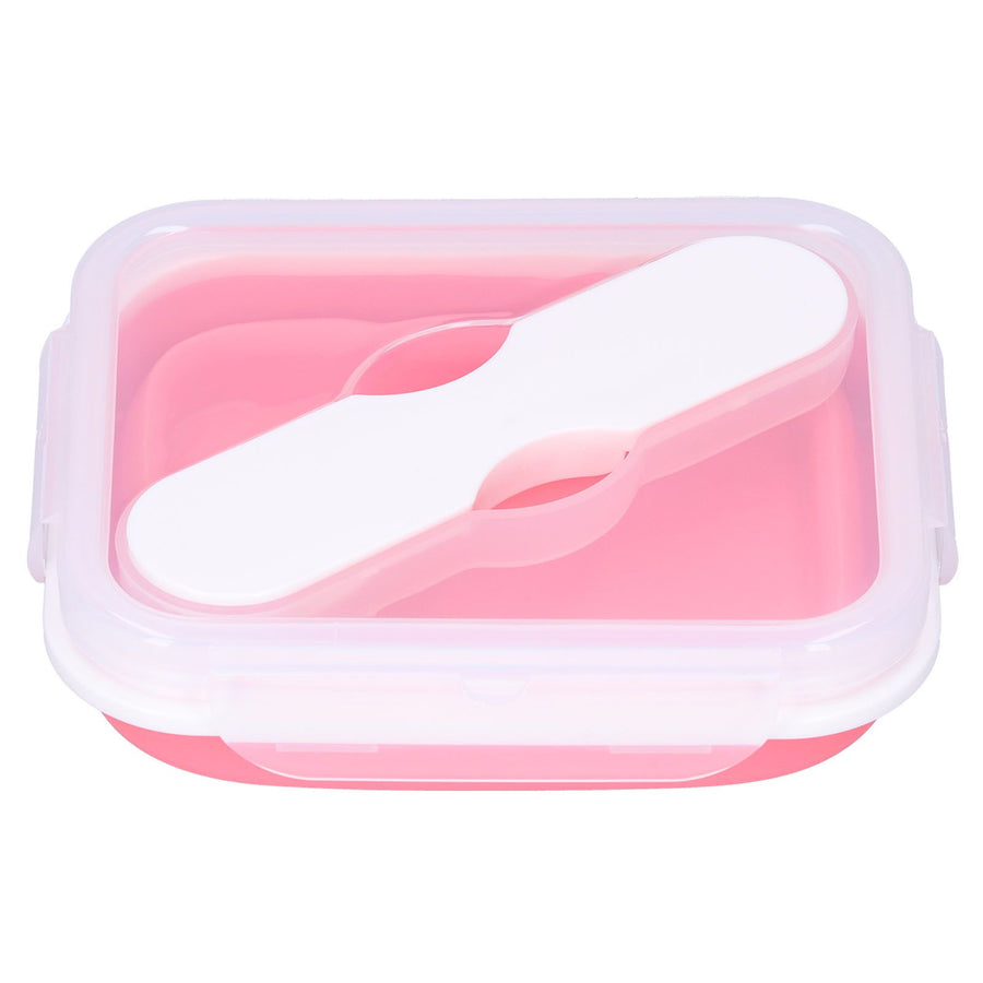Silicone Insulation Box Portable Lunch Box with Integrated Fork Spoon for Office SchoolPink 600ML