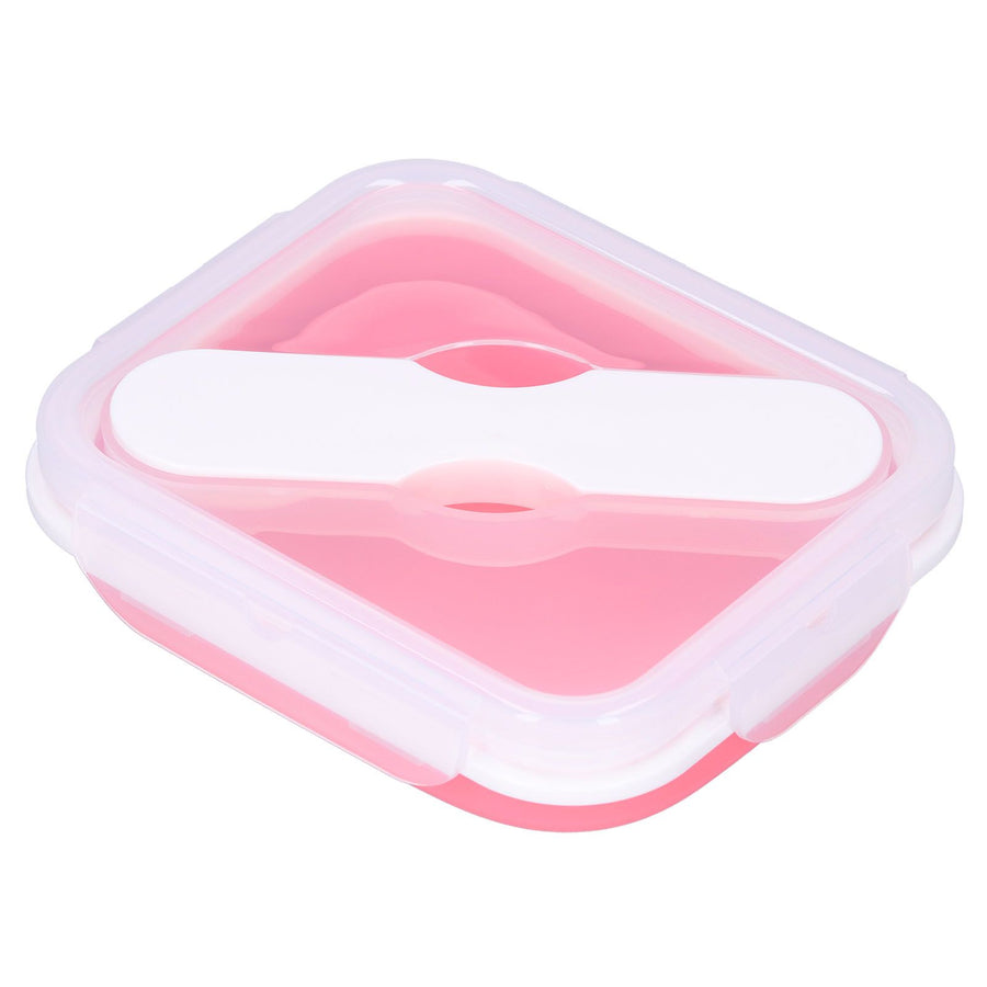 Silicone Insulation Box Portable Lunch Box with Integrated Fork Spoon for Office SchoolPink 600ML