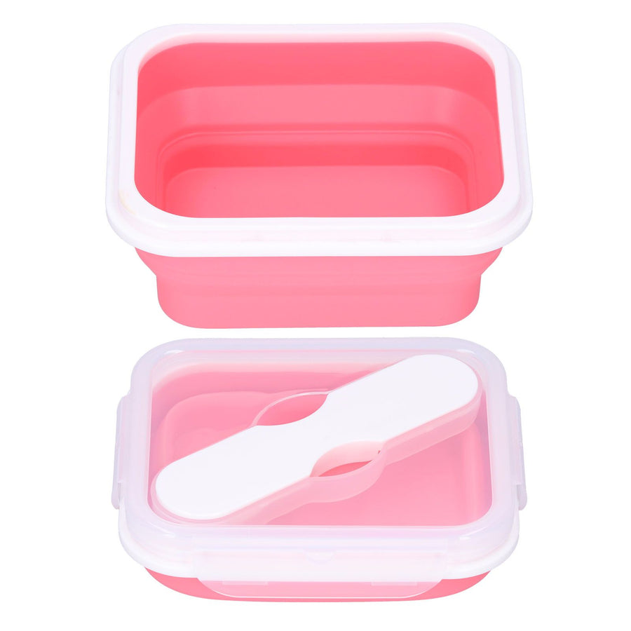 Silicone Insulation Box Portable Lunch Box with Integrated Fork Spoon for Office SchoolPink 600ML