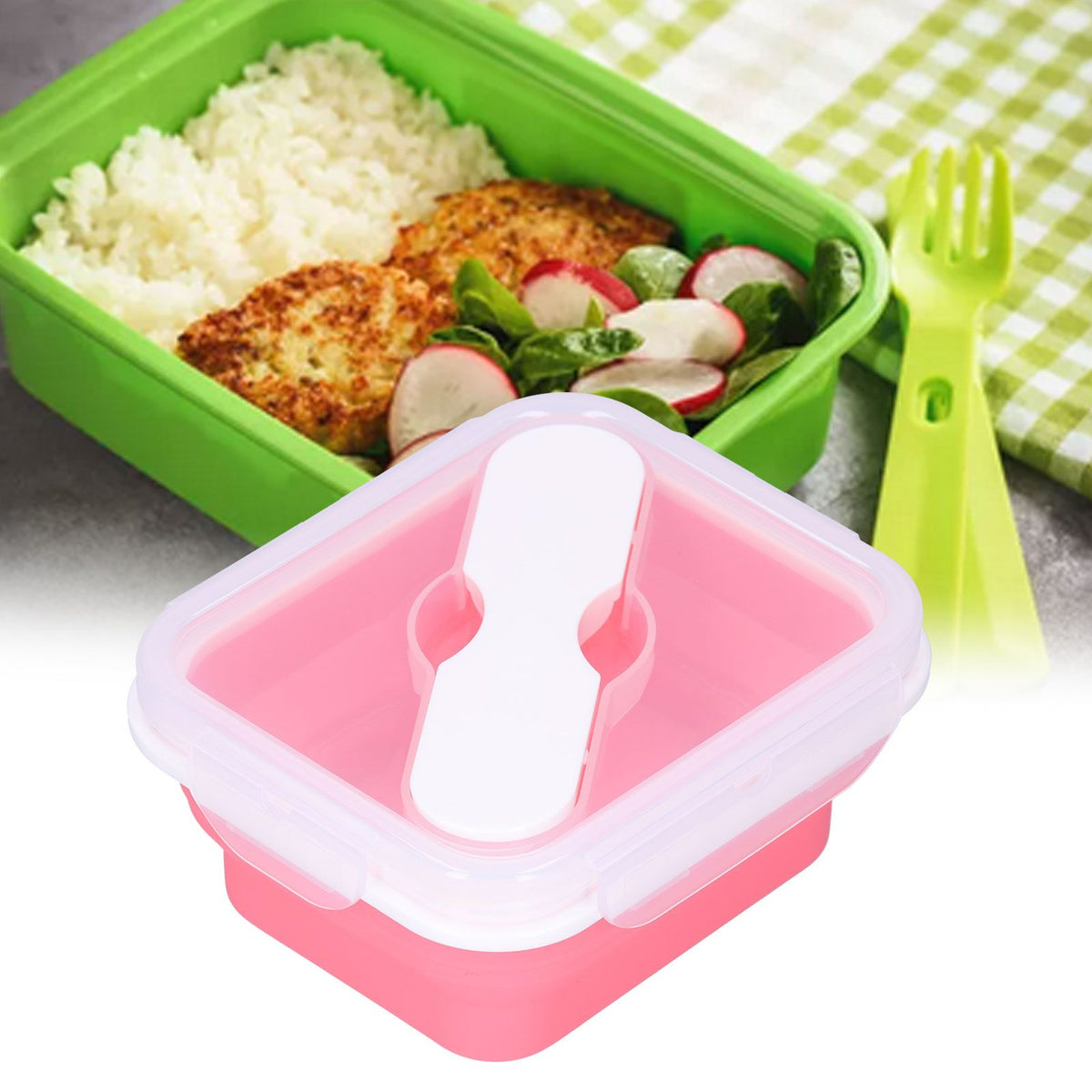 Silicone Insulation Box Portable Lunch Box with Integrated Fork Spoon for Office SchoolPink 600ML