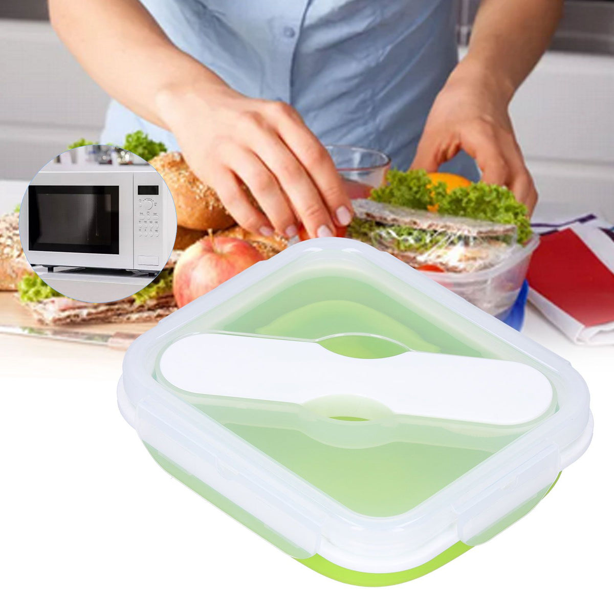 Silicone Insulation Box Portable Lunch Box with Integrated Fork Spoon for Office SchoolFruit Green 600ML