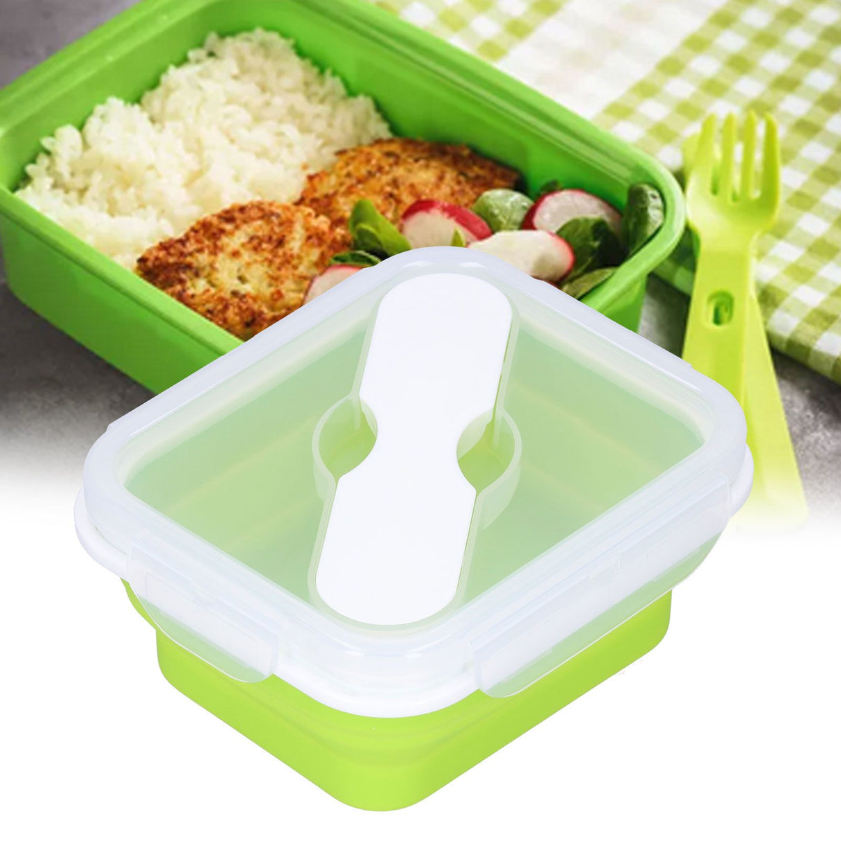 Silicone Insulation Box Portable Lunch Box with Integrated Fork Spoon for Office SchoolFruit Green 600ML