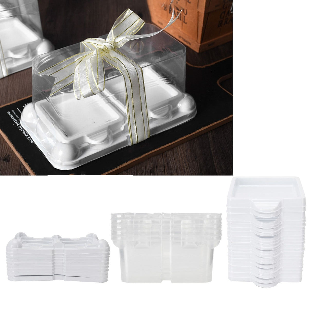 10pcs 2‑Grid Cake Packaging Box with Ribbon Transparent Cake Packaging Container