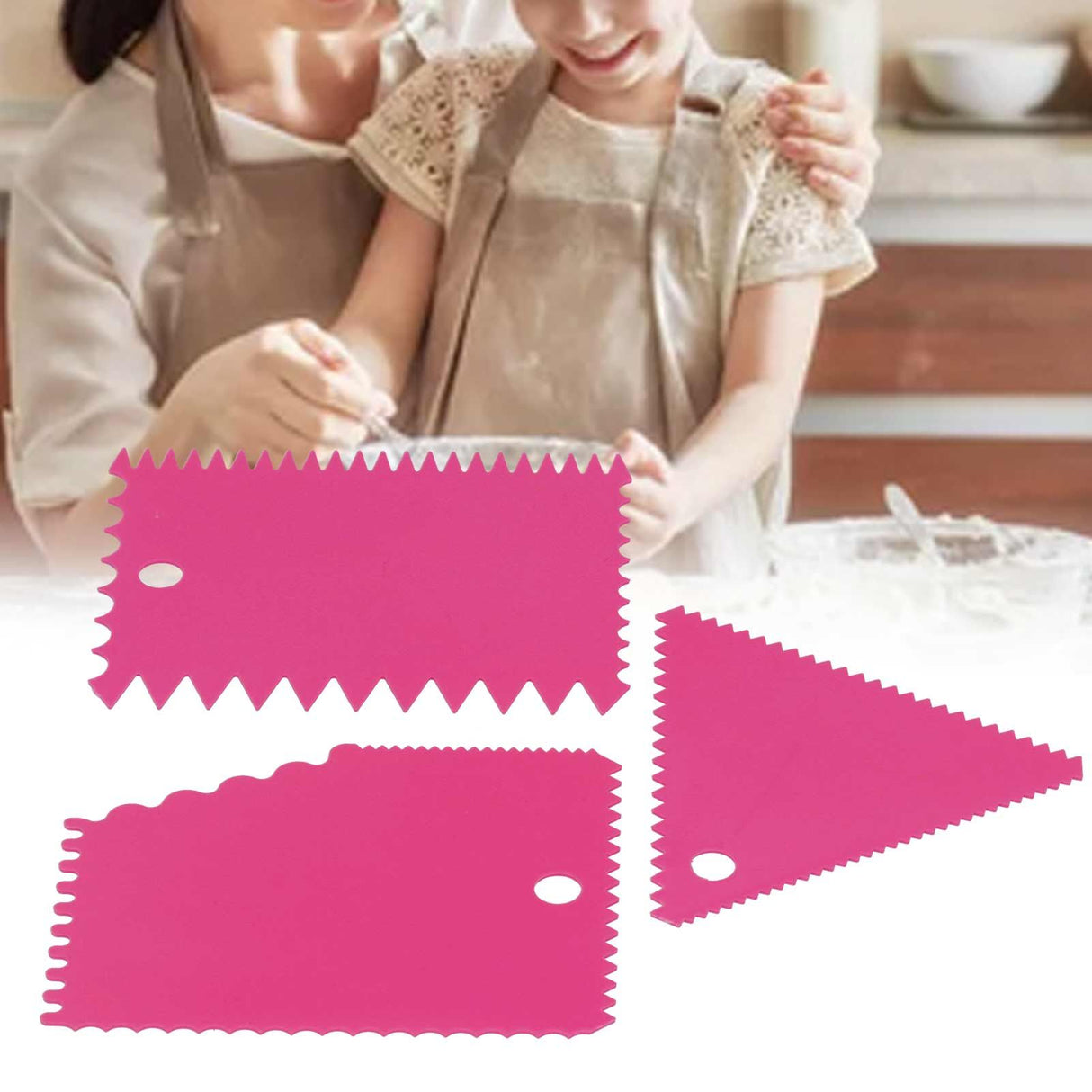 3PCS/Set Cake Cream Scraper Pasty Cutters Scraper Irregular Teeth Edge DIY SmootherRose Red