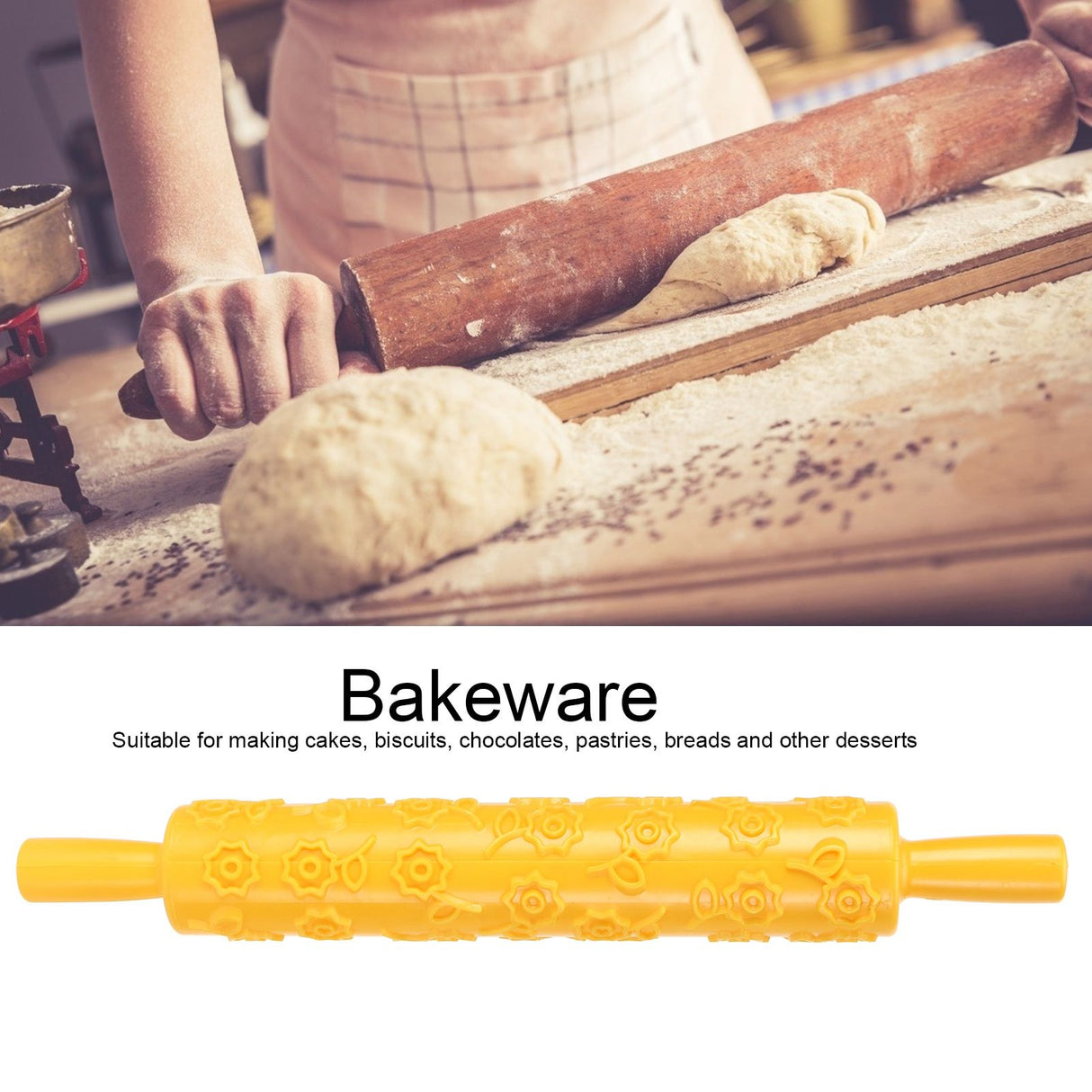 Fondant Cake Embossing Rolling Pin Baking Dough Roller Cookies Biscuits Decorating ToolFlower Pattern