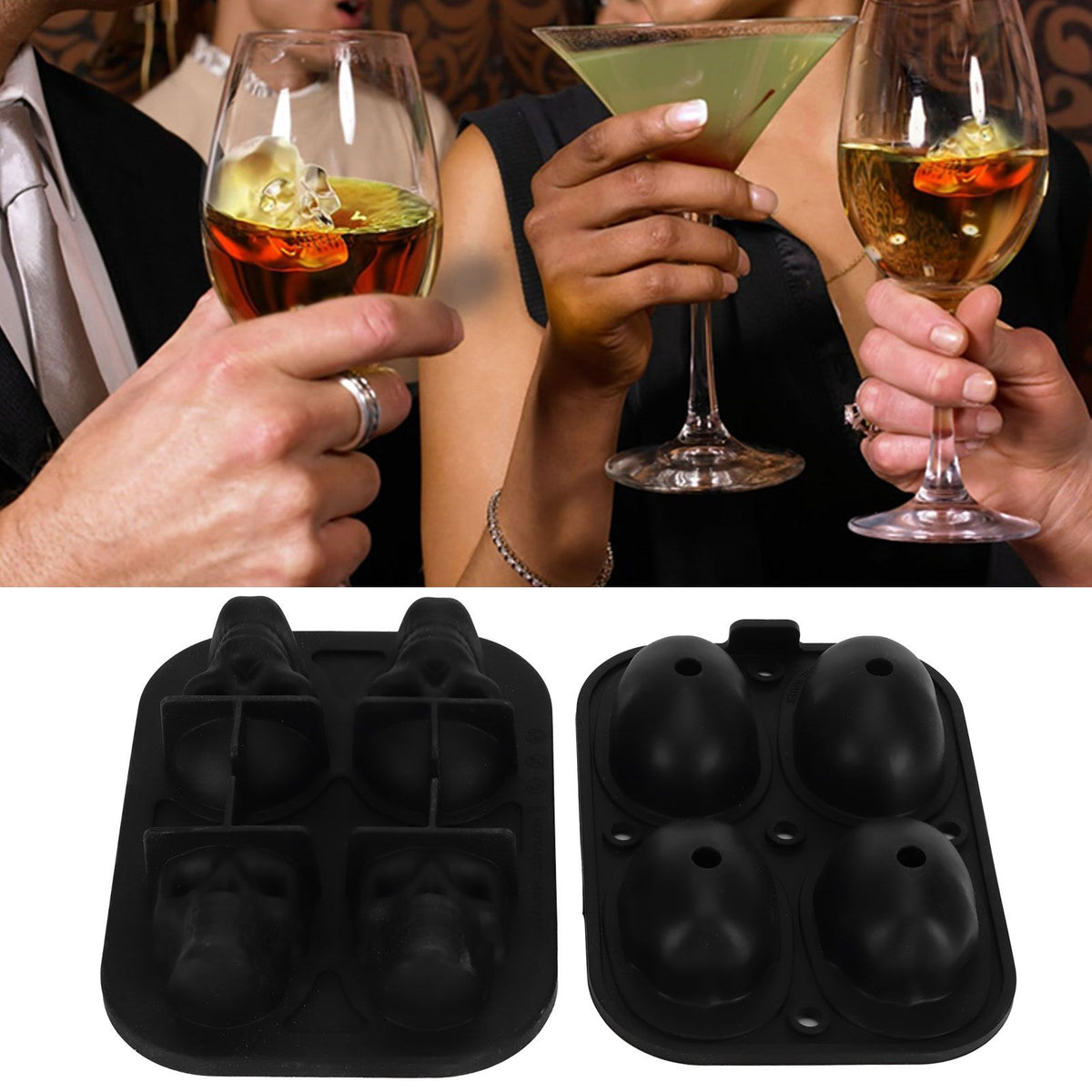 4‑Gird Skull Shape Ice Tray Halloween Ice Cream Silicone Mold with 2 Funnels for Kitchen