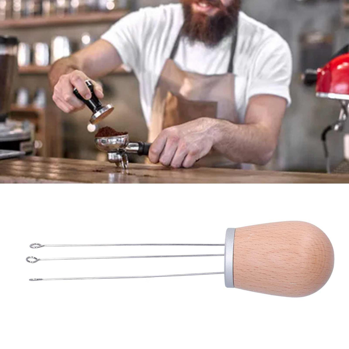 Needle Type Coffee Powder Distributor Wood Handle Coffee Stirrer Distribution Tool(Silver Cover Beech )