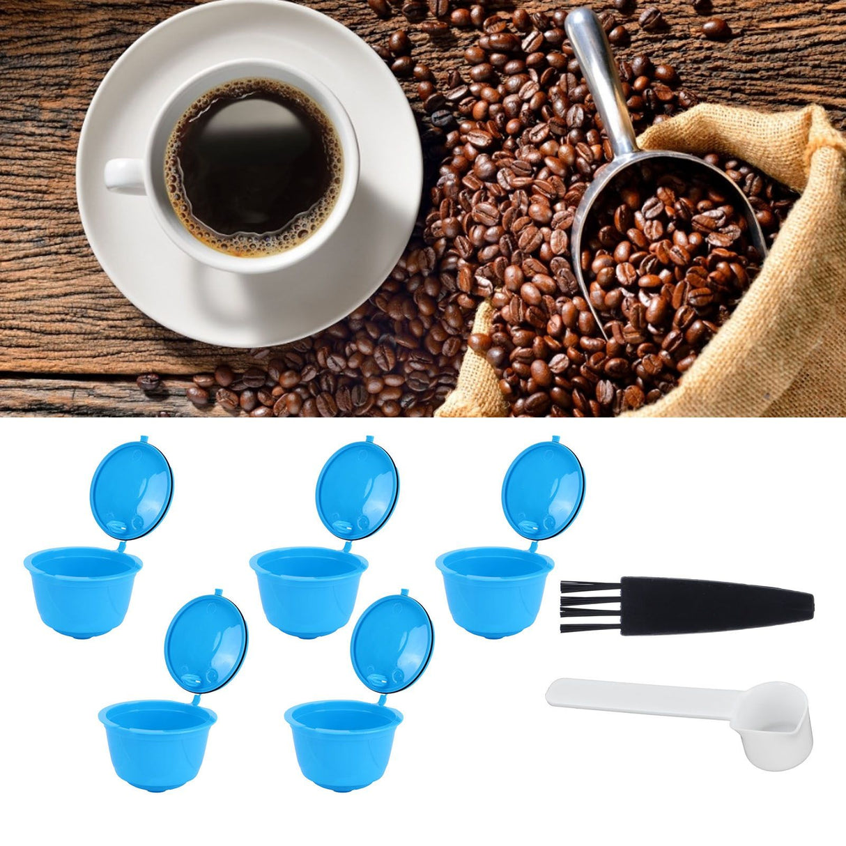 Refillable Coffee Capsule Filter Cup Kit Accessories for DOLCE GUSTO Coffee Machine(Blue 5 Capsules1 Spoon 1 Brush)