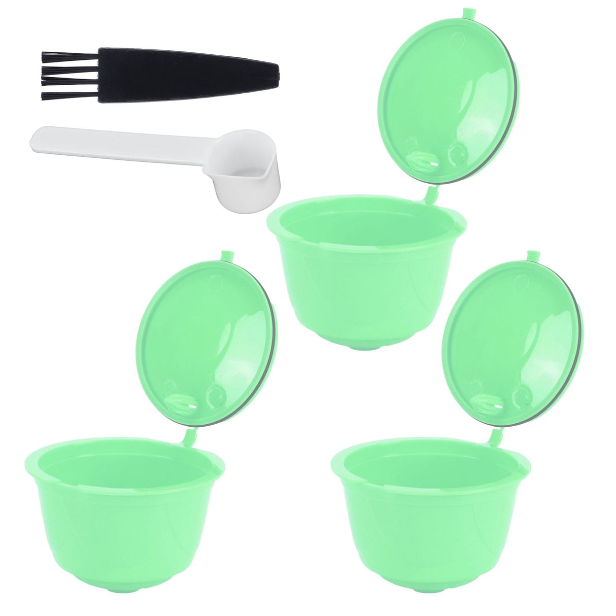 Coffee Capsule Set Stainless Steel Coffee Filter Cup for DOLCE GUSTO Coffee Machine(Green 3 Capsules1 Spoon 1 Brush)