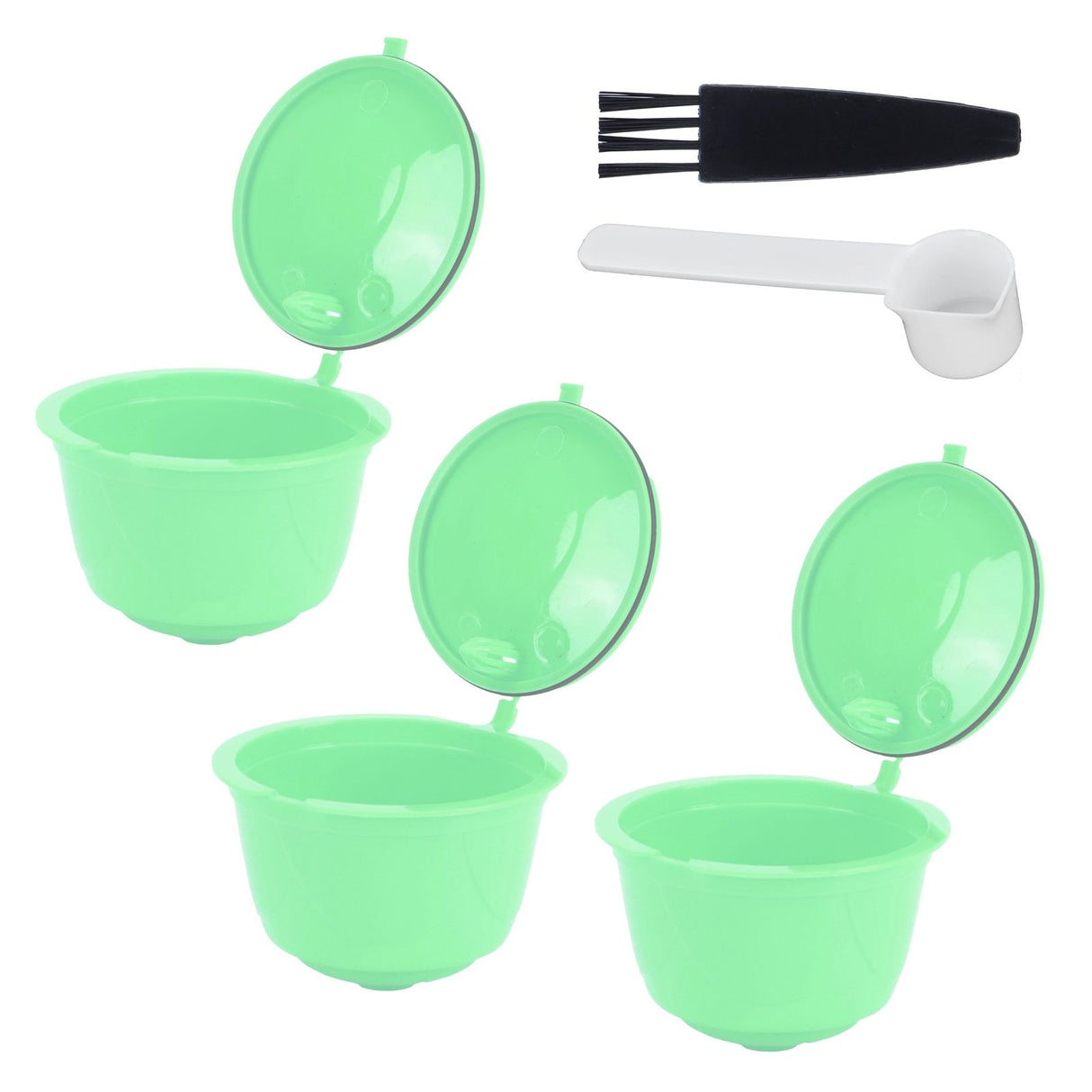 Coffee Capsule Set Stainless Steel Coffee Filter Cup for DOLCE GUSTO Coffee Machine(Green 3 Capsules1 Spoon 1 Brush)