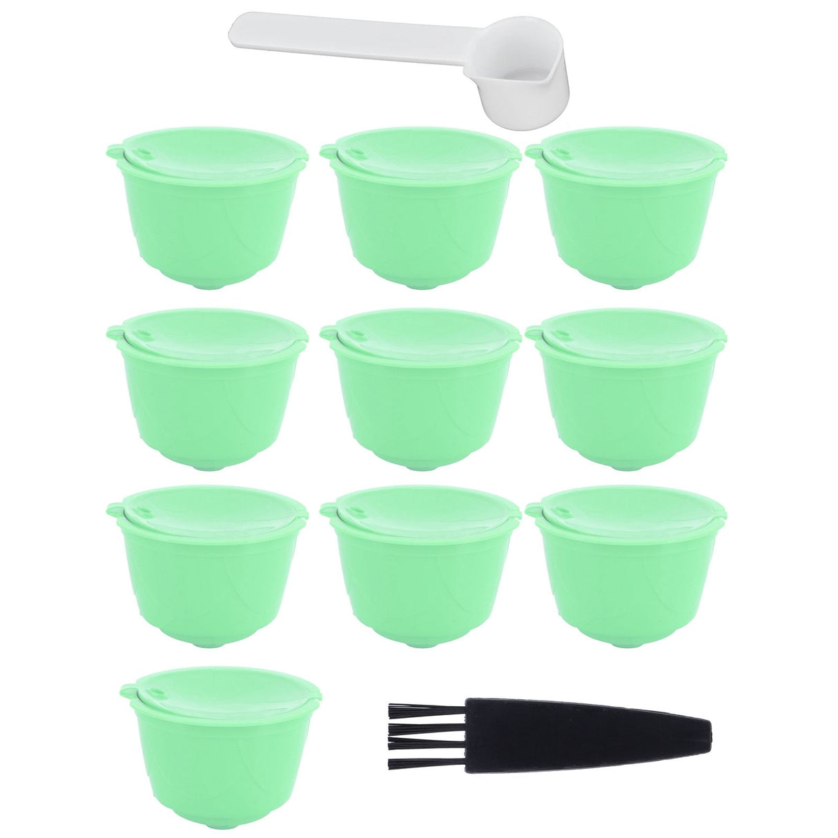 Coffee Capsule Set Stainless Steel Coffee Filter Cup for DOLCE GUSTO Coffee Machine(Green 10 Capsules1 Spoon 1 Brush)