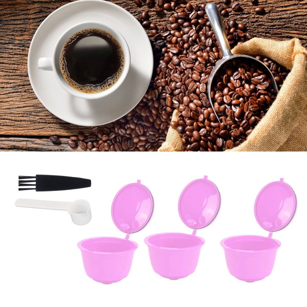 Reusable Capsules Set Refillable Coffee Filter Cup Pod for DOLCE GUSTO Coffee Machine(Purple 3 Capsules1 Spoon 1 Brush)
