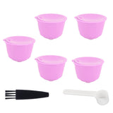 Reusable Capsules Set Refillable Coffee Filter Cup Pod for DOLCE GUSTO Coffee Machine(Purple 5 Capsules1 Spoon 1 Brush)