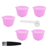 Reusable Capsules Set Refillable Coffee Filter Cup Pod for DOLCE GUSTO Coffee Machine(Purple 5 Capsules1 Spoon 1 Brush)