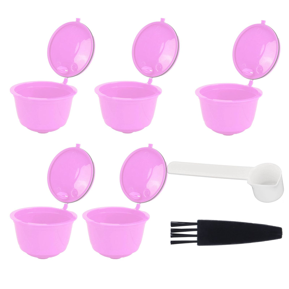 Reusable Capsules Set Refillable Coffee Filter Cup Pod for DOLCE GUSTO Coffee Machine(Purple 5 Capsules1 Spoon 1 Brush)