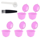 Reusable Capsules Set Refillable Coffee Filter Cup Pod for DOLCE GUSTO Coffee Machine(Purple 5 Capsules1 Spoon 1 Brush)
