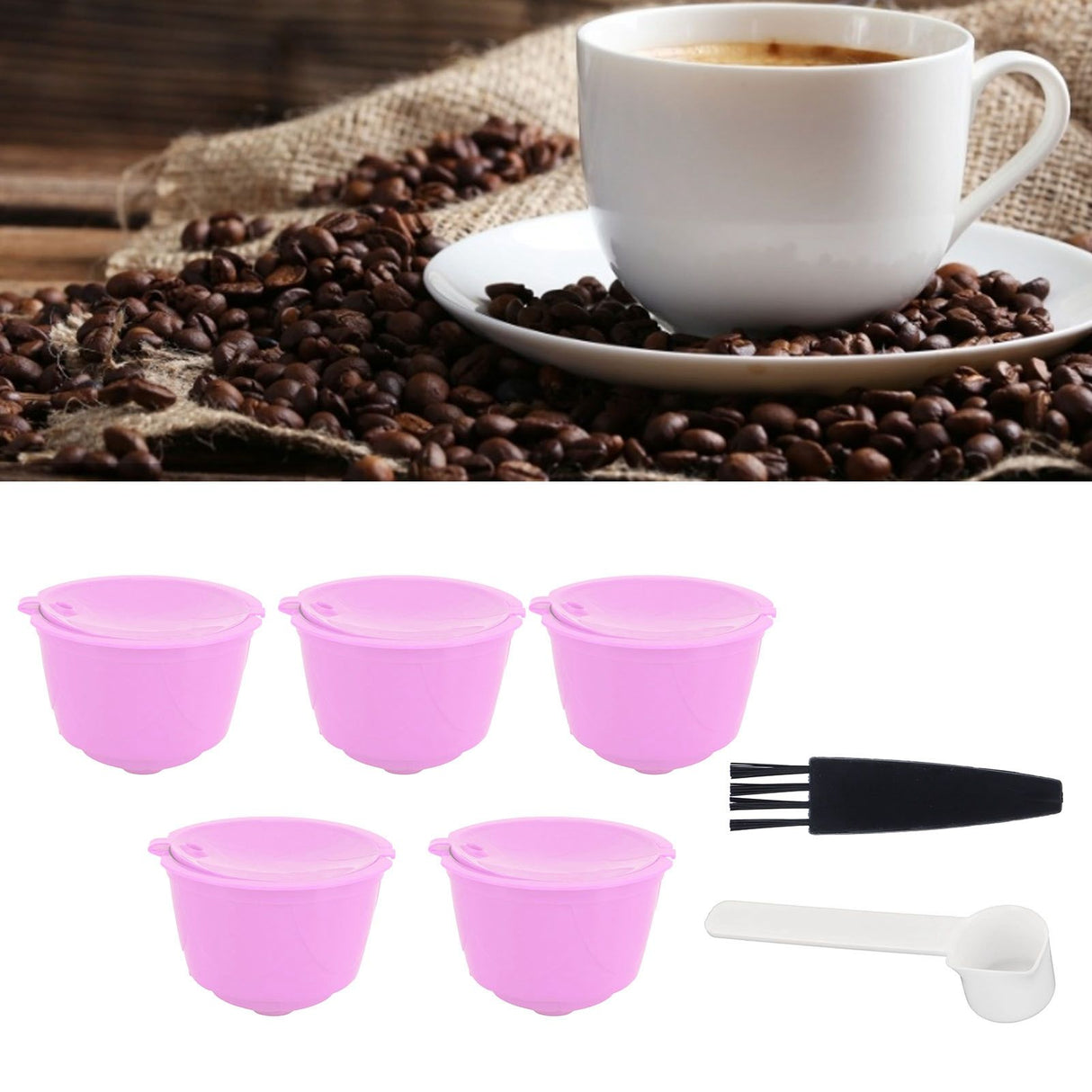 Reusable Capsules Set Refillable Coffee Filter Cup Pod for DOLCE GUSTO Coffee Machine(Purple 5 Capsules1 Spoon 1 Brush)