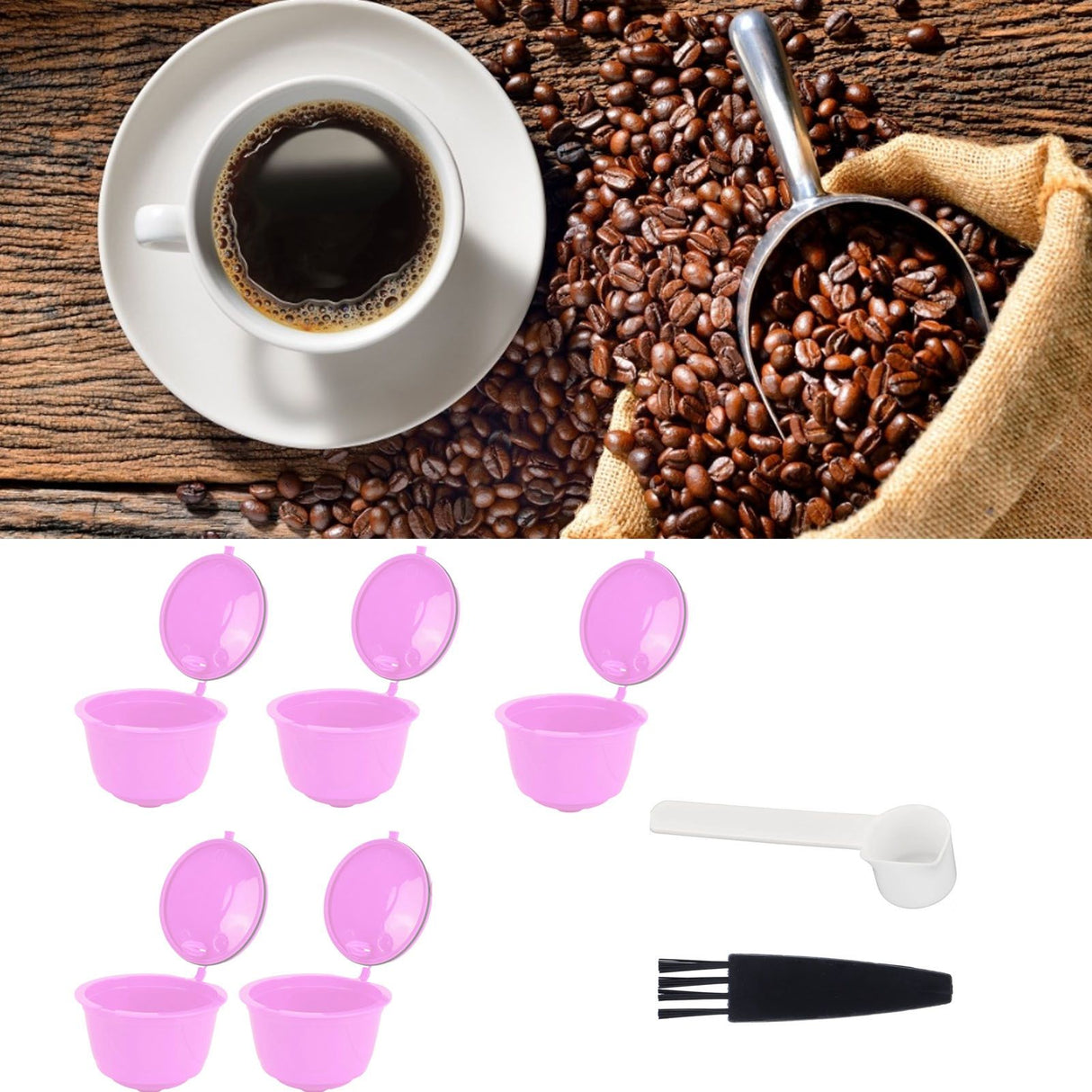 Reusable Capsules Set Refillable Coffee Filter Cup Pod for DOLCE GUSTO Coffee Machine(Purple 5 Capsules1 Spoon 1 Brush)