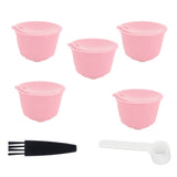 Coffee Capsules Reusable Refillable Coffee Filter Cup Kit Accessory for DOLCE GUSTO(Pink 5 Capsules1 Spoon 1 Brush)