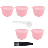 Coffee Capsules Reusable Refillable Coffee Filter Cup Kit Accessory for DOLCE GUSTO(Pink 5 Capsules1 Spoon 1 Brush) - Close-Up Angle