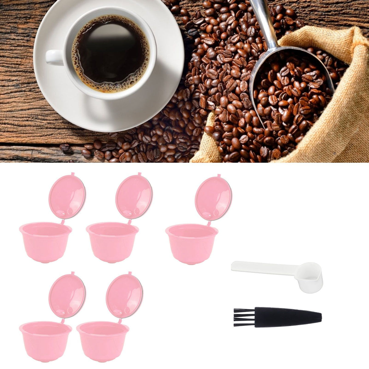 Coffee Capsules Reusable Refillable Coffee Filter Cup Kit Accessory for DOLCE GUSTO(Pink 5 Capsules1 Spoon 1 Brush)