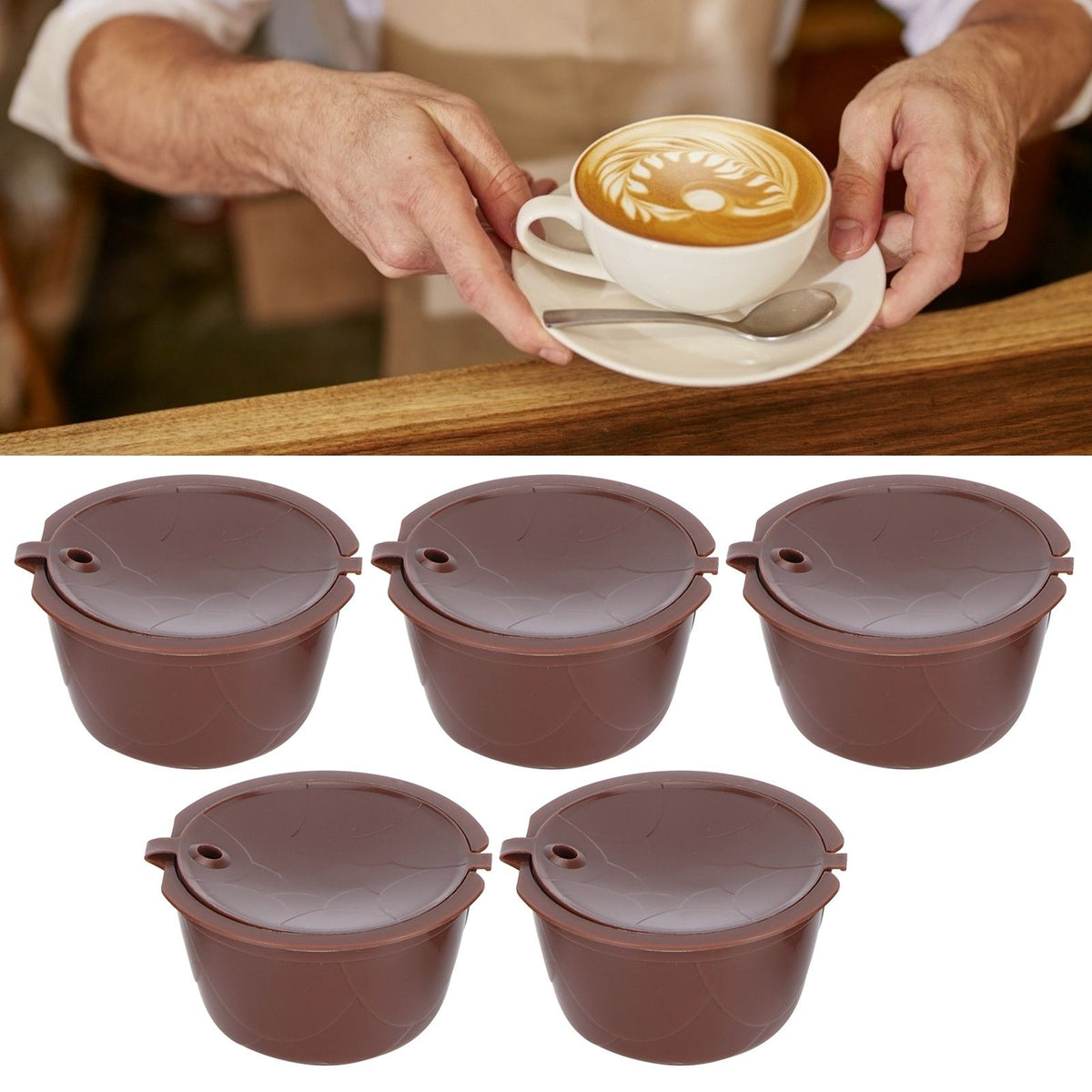 Coffee Capsules Reusable Refillable Coffee Cup Filter Kit Fit for DOLCE GUSTO Machine(Coffee 5 Capsules1 Spoon 1 Brush)