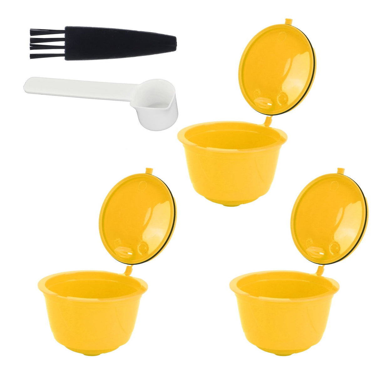 Coffee Machine Capsule Kit Reusable Coffee Filter Cup Accessories Fit for DOLCE GUSTO(Yellow 3 Capsules1 Spoon 1 Brush)