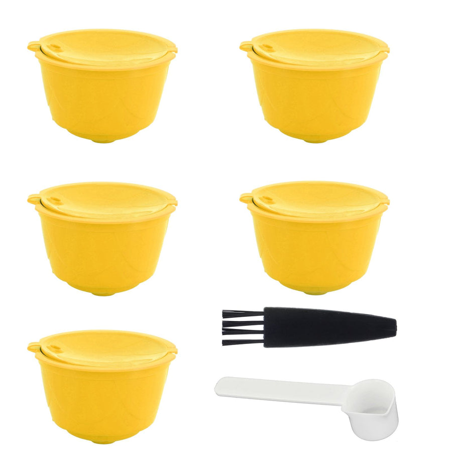 Coffee Machine Capsule Kit Reusable Coffee Filter Cup Accessories Fit for DOLCE GUSTO(Yellow 5 Capsules1 Spoon 1 Brush)