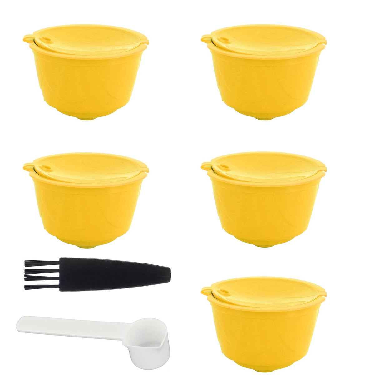 Coffee Machine Capsule Kit Reusable Coffee Filter Cup Accessories Fit for DOLCE GUSTO(Yellow 5 Capsules1 Spoon 1 Brush)