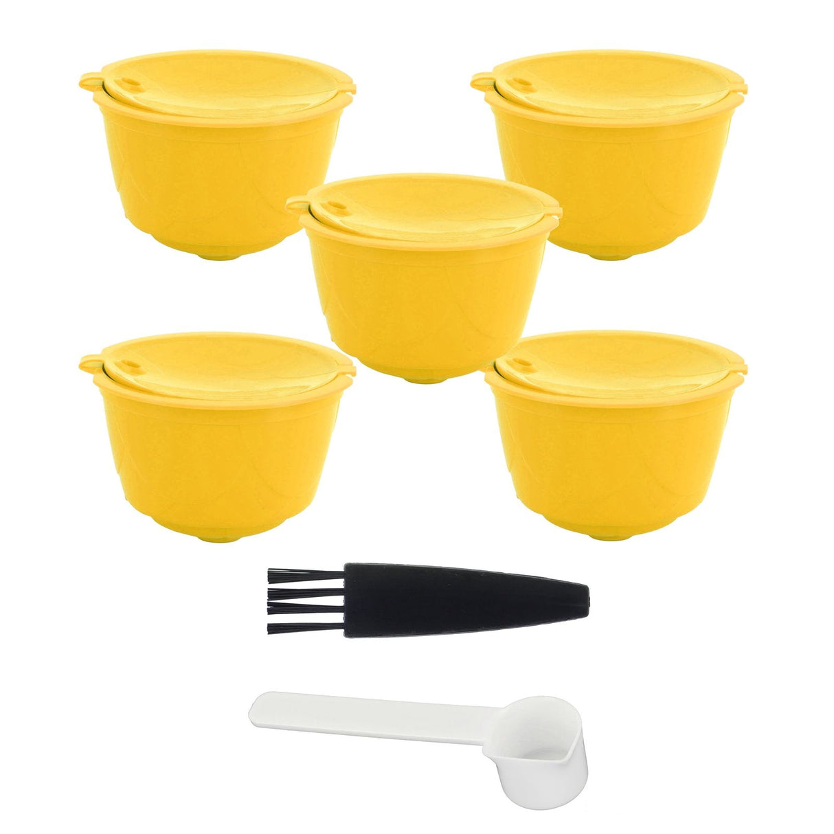 Coffee Machine Capsule Kit Reusable Coffee Filter Cup Accessories Fit for DOLCE GUSTO(Yellow 5 Capsules1 Spoon 1 Brush)