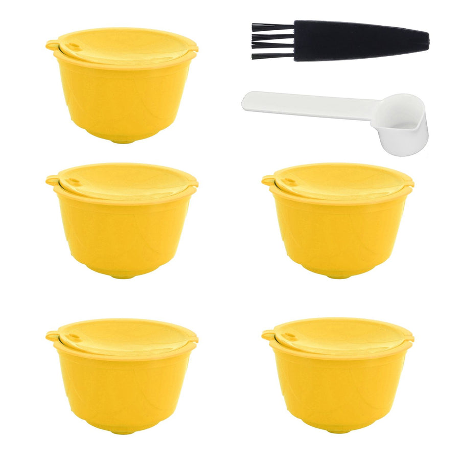 Coffee Machine Capsule Kit Reusable Coffee Filter Cup Accessories Fit for DOLCE GUSTO(Yellow 5 Capsules1 Spoon 1 Brush)