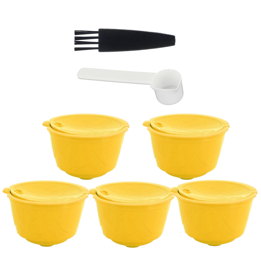Coffee Machine Capsule Kit Reusable Coffee Filter Cup Accessories Fit for DOLCE GUSTO(Yellow 5 Capsules1 Spoon 1 Brush)