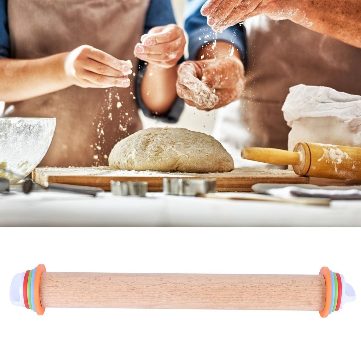 Adjustable Beech and PP Rolling Pin with Detachable Ring for Cake Egg Tart Kitchen Bakery