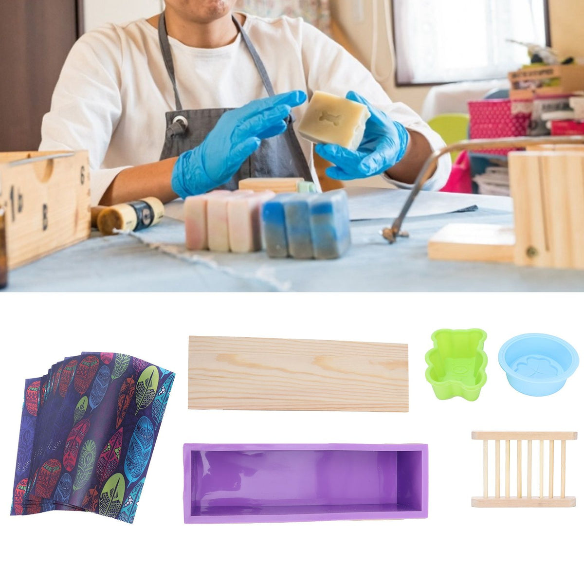 DIY Silicone Soap Mold Set with Wood Box Soap Rack Wrapping Paper Baking SuppliesPurple