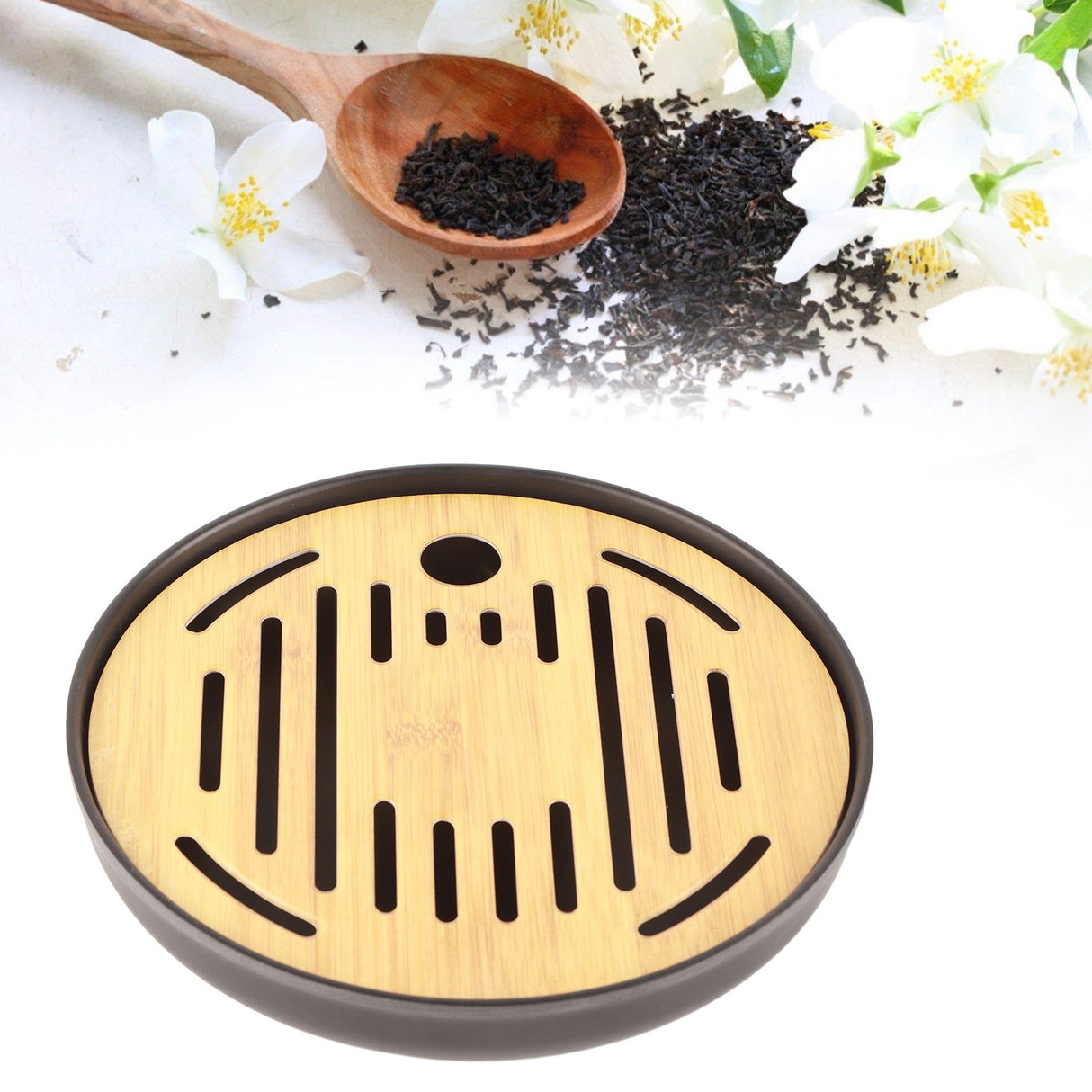Bamboo Round Tea Tray Teapot Mat Serving Tray Drainage Water Storage Tea Set Home Supplies8in