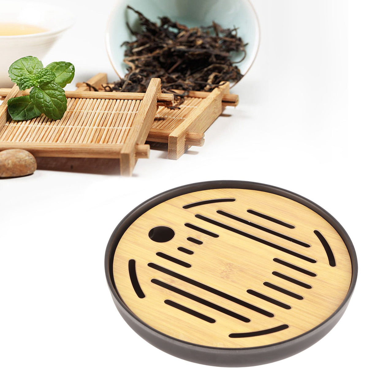 Bamboo Round Tea Tray Teapot Mat Serving Tray Drainage Water Storage Tea Set Home Supplies8in