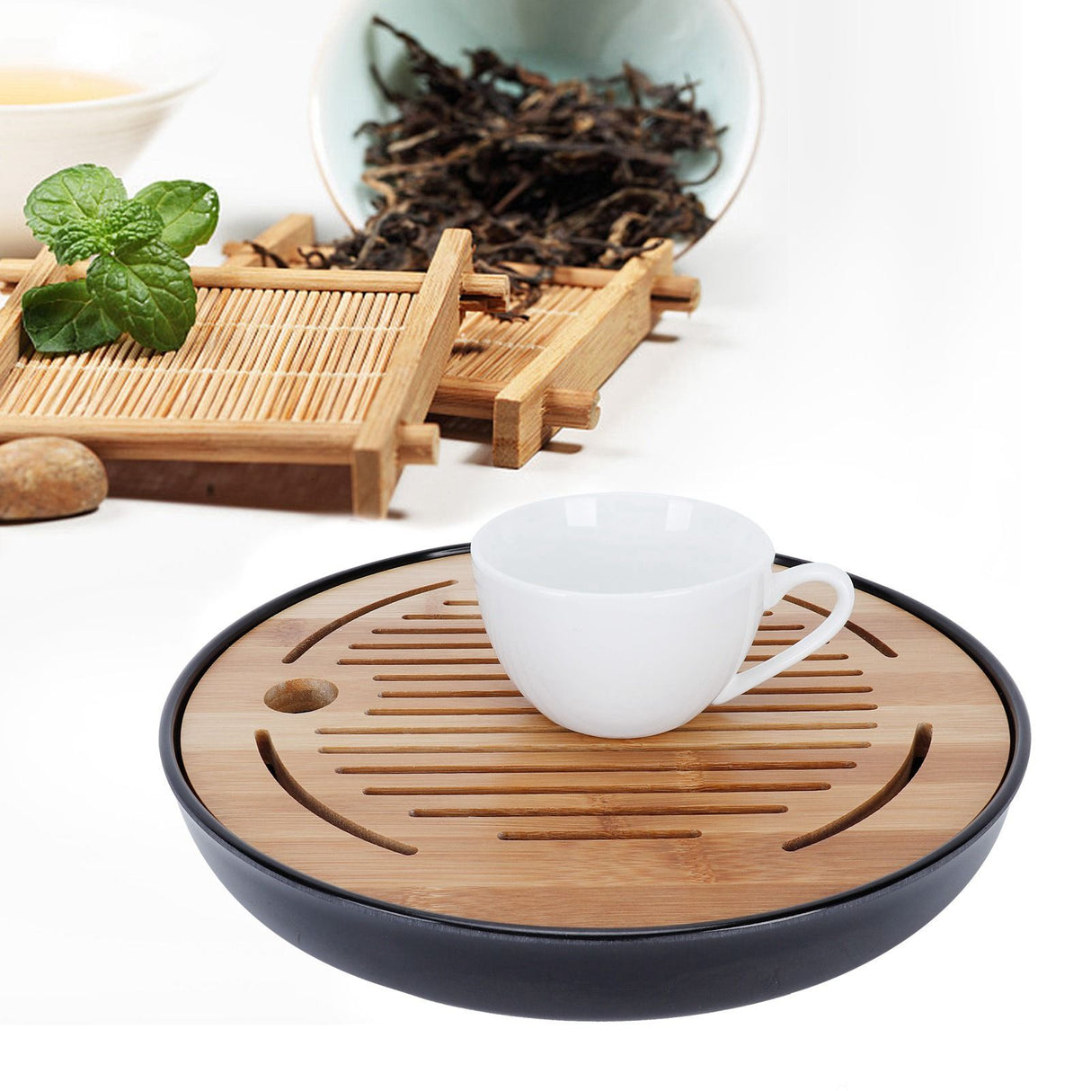 Bamboo Round Tea Tray Teapot Mat Serving Tray Drainage Water Storage Tea Set Home Supplies10in