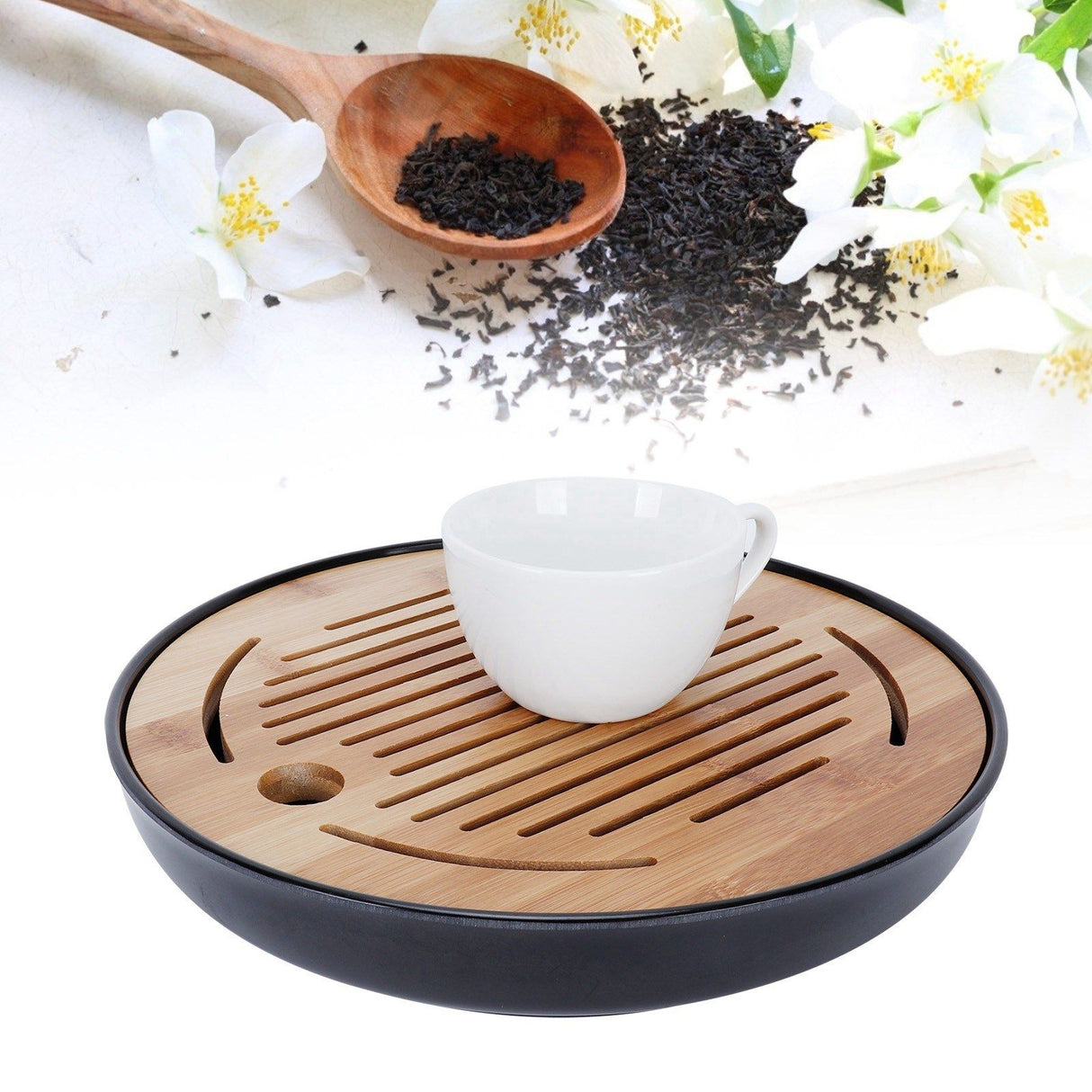 Bamboo Round Tea Tray Teapot Mat Serving Tray Drainage Water Storage Tea Set Home Supplies10in