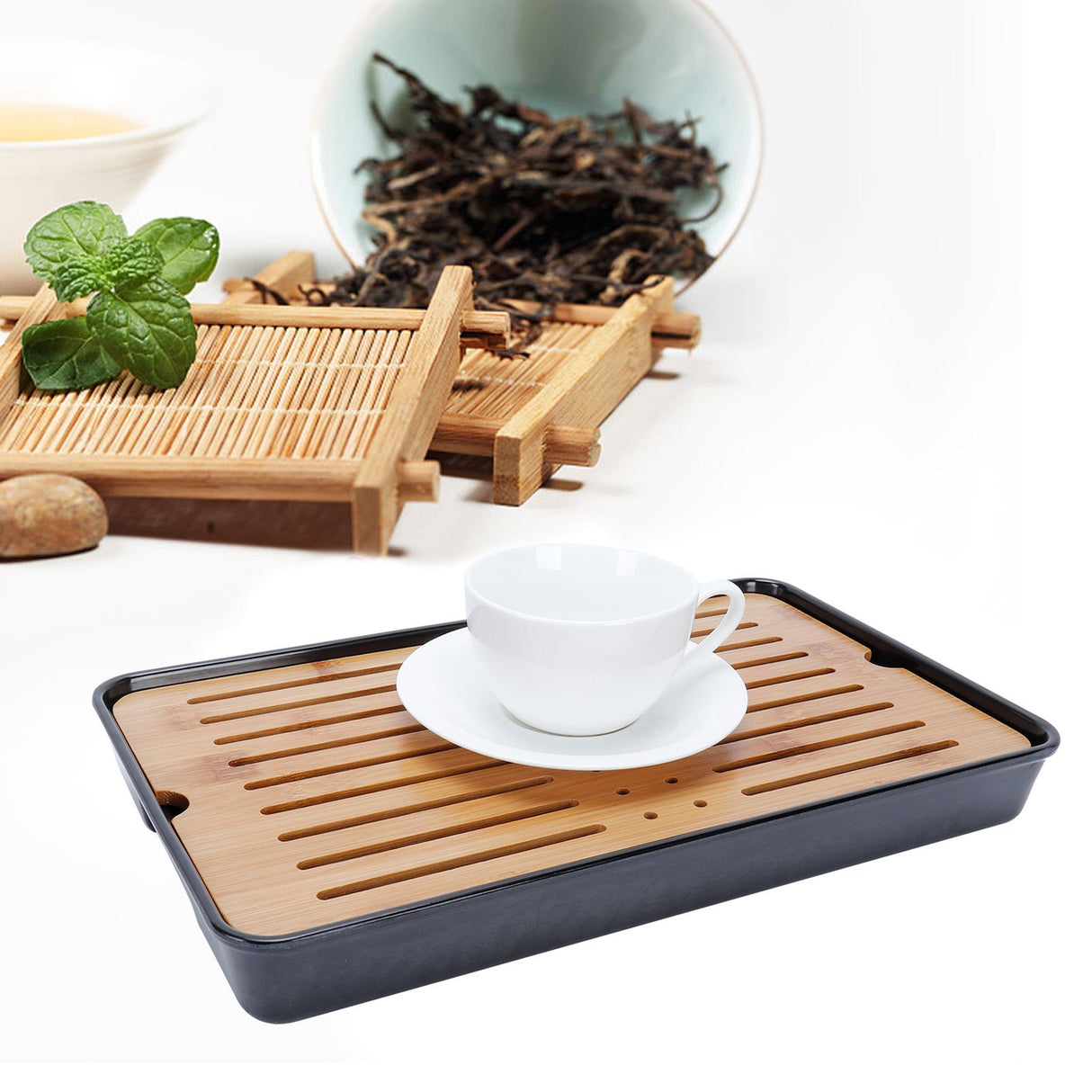 Rectangle Bamboo Tea Tray Teapot Mat Serving Tray Draining Board Tea Set Home Kitchen Use13in 1100ml