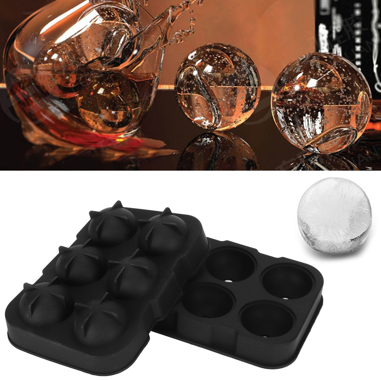6-Grid Ice Ball Maker Black Reusable Ice Ball Mold for Beer Cocktail Wine Beverage