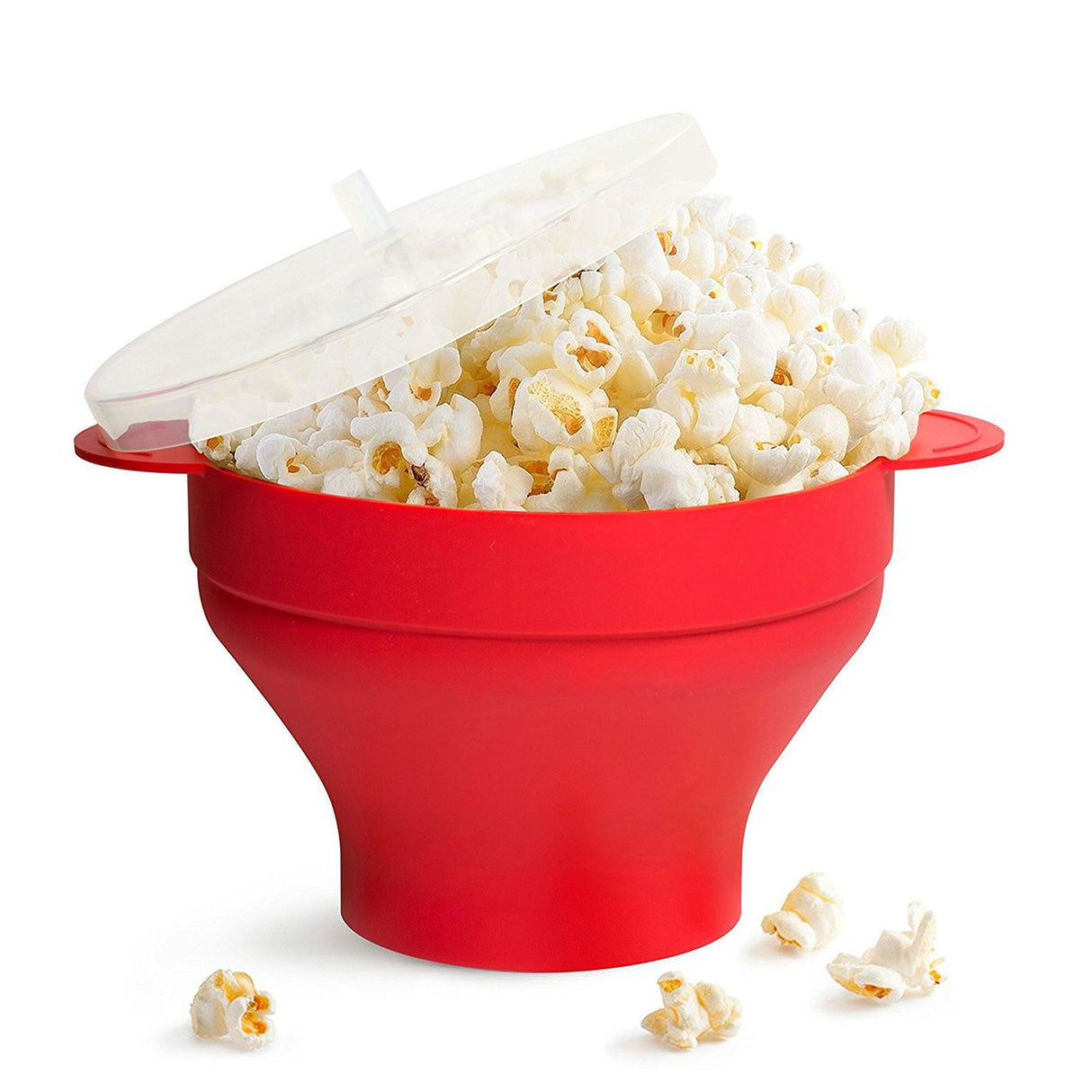 Popcorn Bucket Folding Silicone DIY Popcorn Maker Bowl with Lid Kitchen Accessory(With HandleRed )