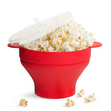 Popcorn Bucket Folding Silicone DIY Popcorn Maker Bowl with Lid Kitchen Accessory(With HandleRed )