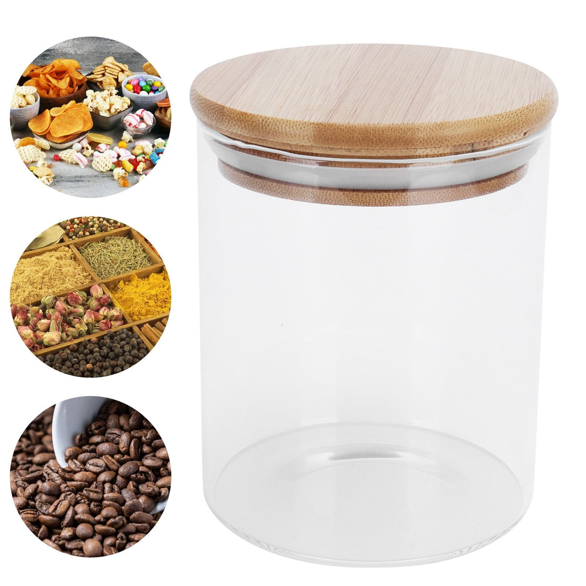 450ml Wood Round Storage Jar with Lid Transparent Glass Food Container for Tea Coffee Spice