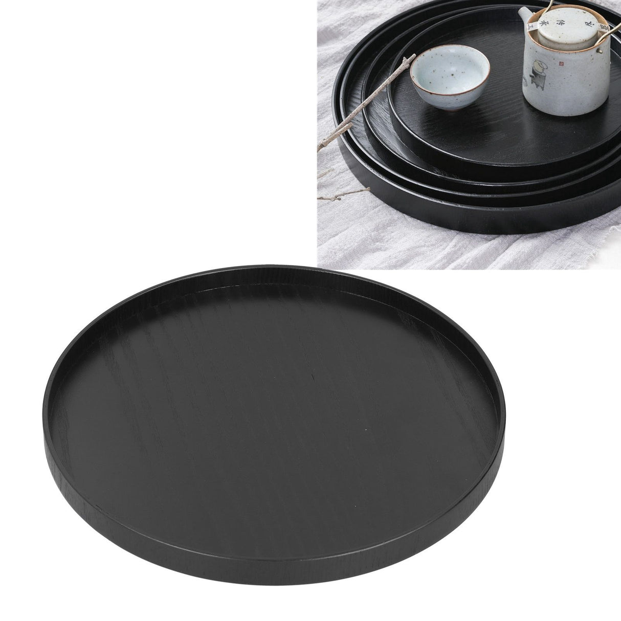 Round Wooden Food Fruit Serving Tray Service Plate for Home Kitchen Hotel Use Black27cm