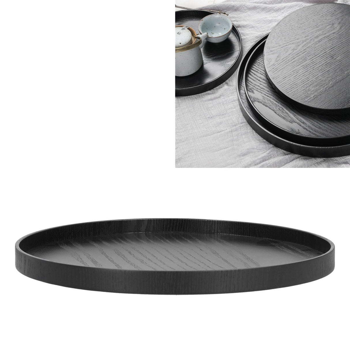 Round Wooden Food Fruit Serving Tray Service Plate for Home Kitchen Hotel Use Black30cm