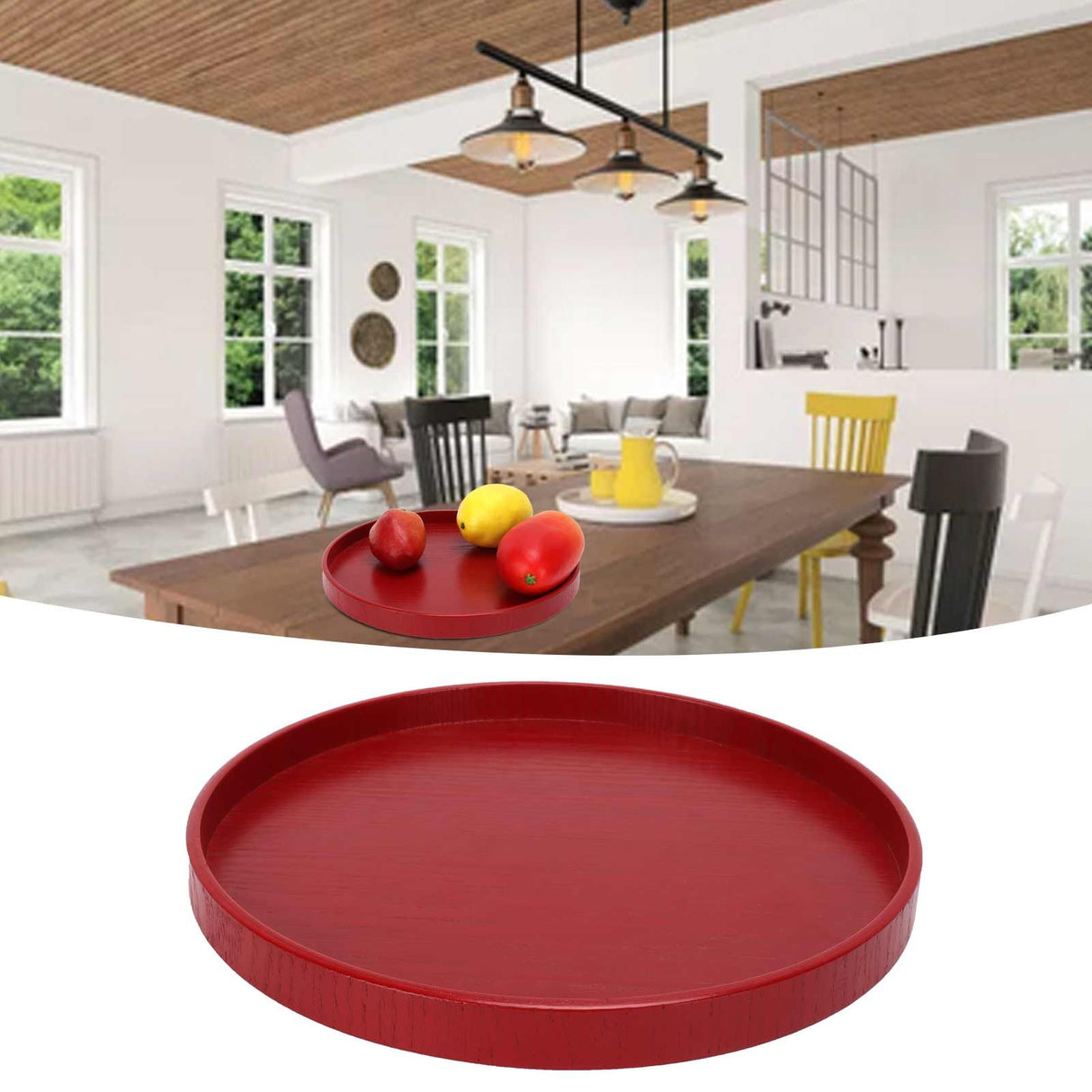 Red Round Wooden Plate Food Grade Fruit Cutlery Tray for Kitchen Home Restaurant24cm